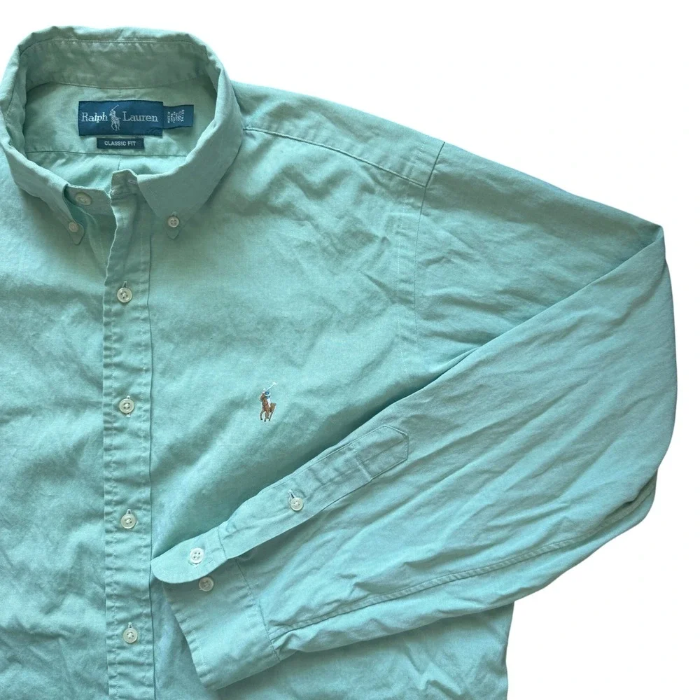 Ralph Lauren Button Down Men 16.5 34/35 Green Preppy Classic Fit Flesh Pony